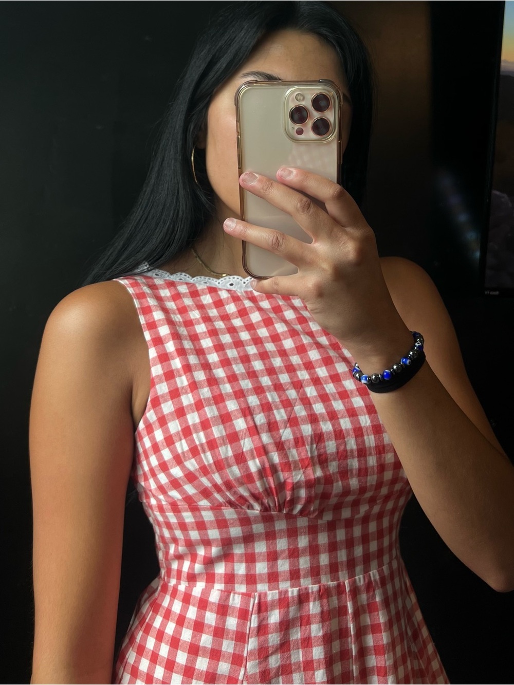 Red & White Mini Gingham Lace-Trim Fit-and-Flare Romper - Picture 2 of 3